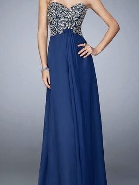 La Femme Navy Beaded Strapless Dress